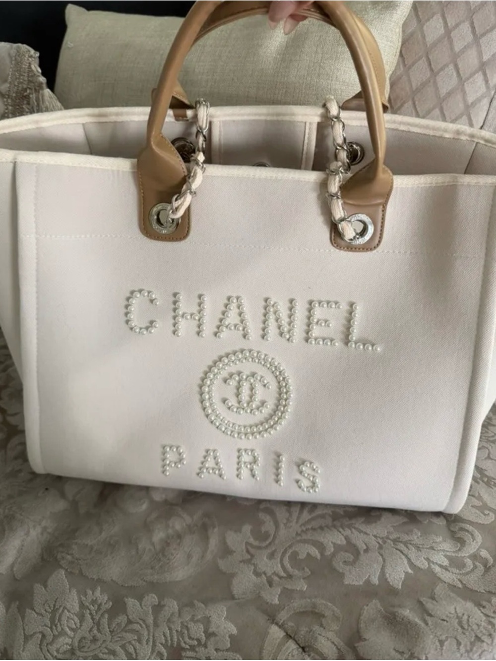 Cream pearl 2 way tote bag large NWT